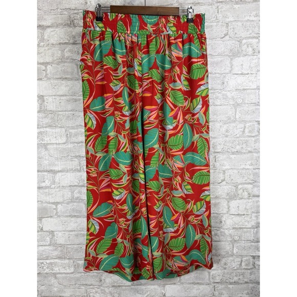 Rose Olive Wide Leg Capri Pants Vibrant Red Tropical Floral Pockets Plus Size 1x - Picture 1 of 14